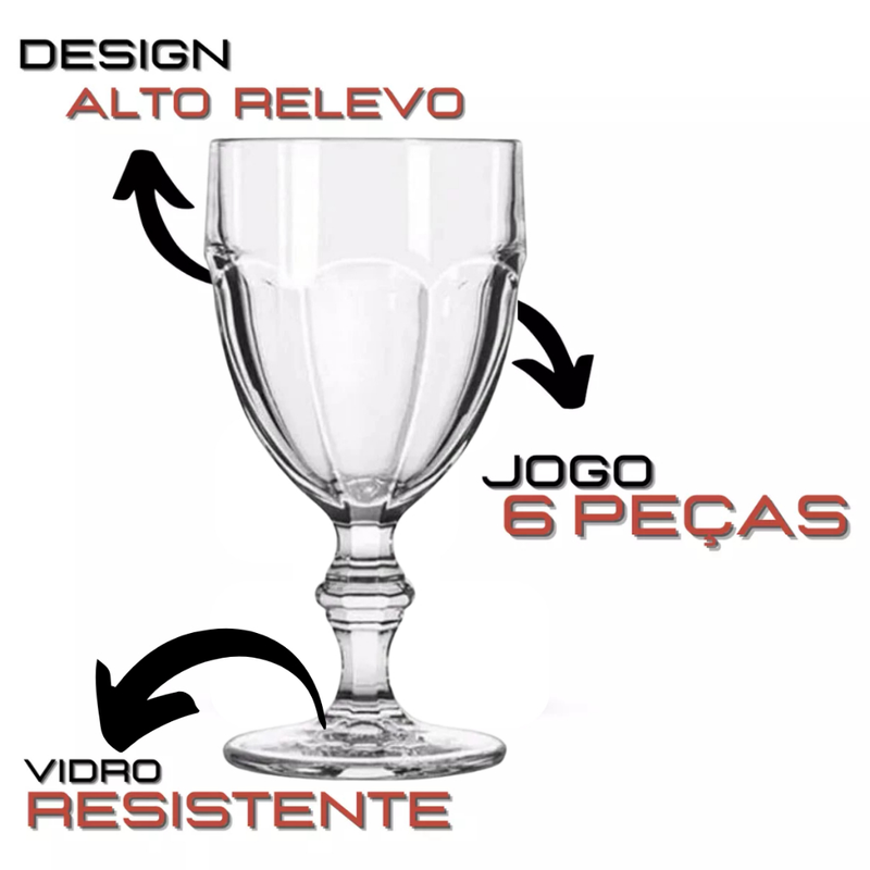 Jogo 6 Taça Diamante Copo Vidro Transparente Bico De Jaca Elegante Design Moderno Cristal