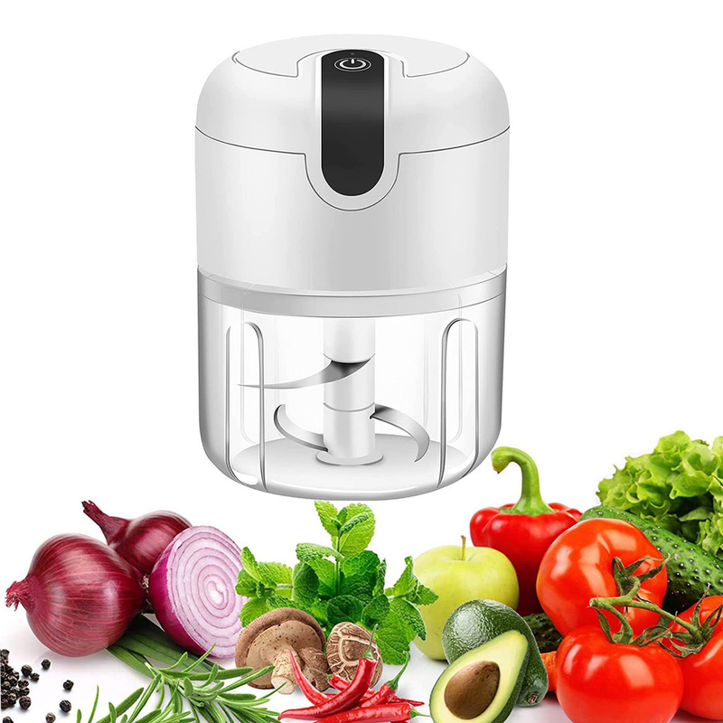 KIT 2 Mini Processador Elétrico E Moedor USB Recarregável 250ml Com 3 Lâminas Para Vegetais Carne Frutas