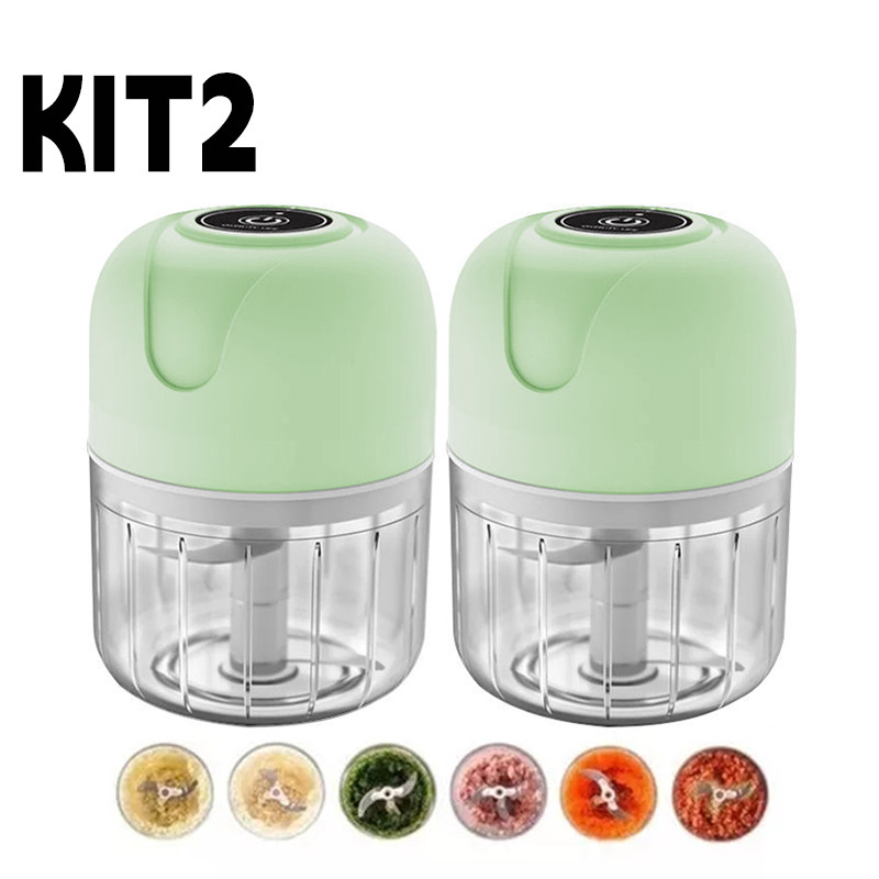 KIT 2 Mini Processador Elétrico e Moedor USB Recarregável 250ml com 3 Lâminas